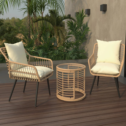 Ainfox 3-Piece Steel Outdoor Bistro Sets with Metal Chairs and Glass Top Table, Beige