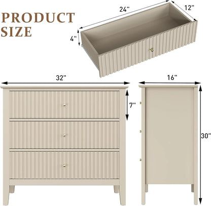 Heynemo Beige 6 Drawer Dresser, Fluted Modern Wood Chest
