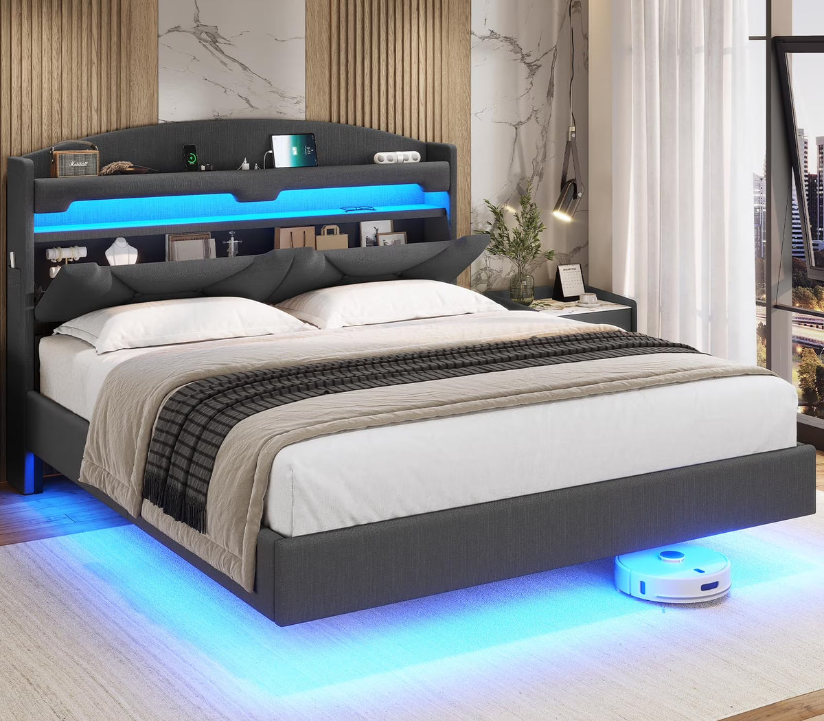 King Size Bed Frame with Storage Headboard and LED Lights,Upholstered Platform Bed with USB Port Charging,Headboard with Shelves Hidden Storage,Noise-Free,Dark Grey