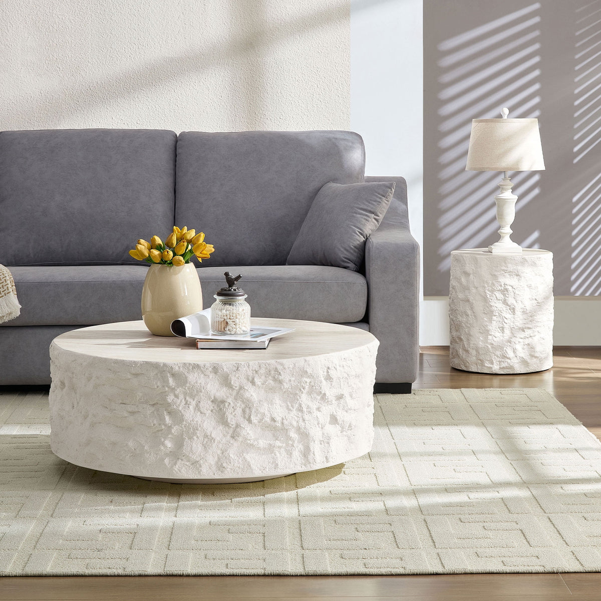 35.43''Fiberglass Round Center Coffee Table Set for Living Room Vintage Table,Imitation Stone Table front of the Sofa,Modern Design Coffee Table for Office,Apartment,No Need Assembly