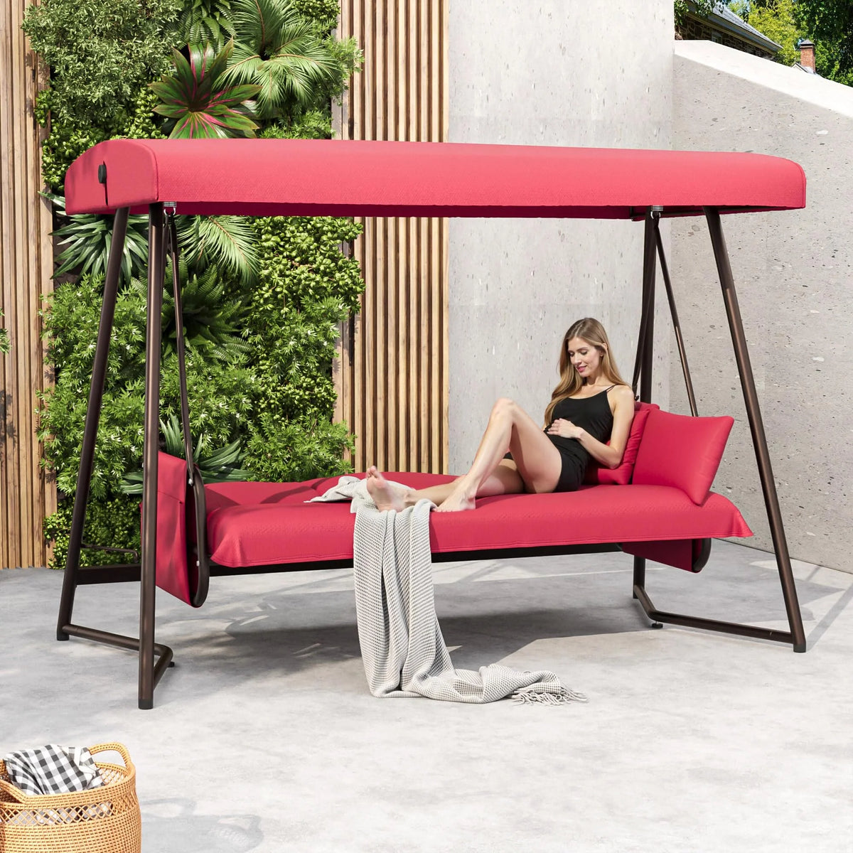 TQKVIPI Oversized 4 Person Outdoor Porch Swing with Adjustable Backrest Canopy,2-in-1 Swing Bed 800 lbs Capacity,Patio Swing with Removable Cushions for Yard Garden Poolside Balcony