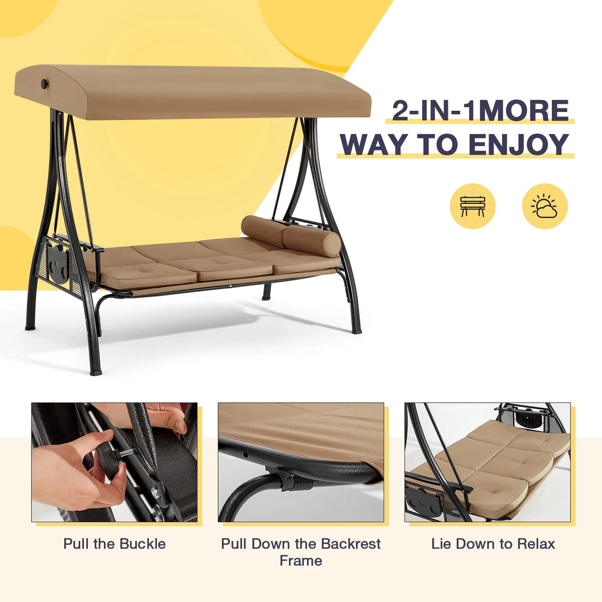 Homrest 3 Person Patio Outdoor Porch Swing with Adjustable Canopy, Backrest, Swing Bed with Stand for Garden,Deck