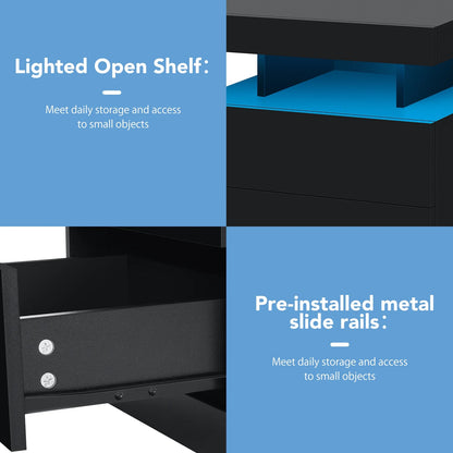 Hommpa LED Nightstand Wireless Charging Station USB Type C Outlets Bedside Table 3 Drawers Black Night Table Modern Smart Nightstand High Gloss End Side Table for Bedroom Furniture 26.8" Tall