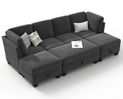 CHIC HOUSE 154.5" Sectional Sofa with Storage Ottoman Chaise, Corduroy U Shaped Sofa Convertible Sectional Couches for Living Room, 12 Seater Corner Modular Sofa with Deep Seat Throw Pillows, Green