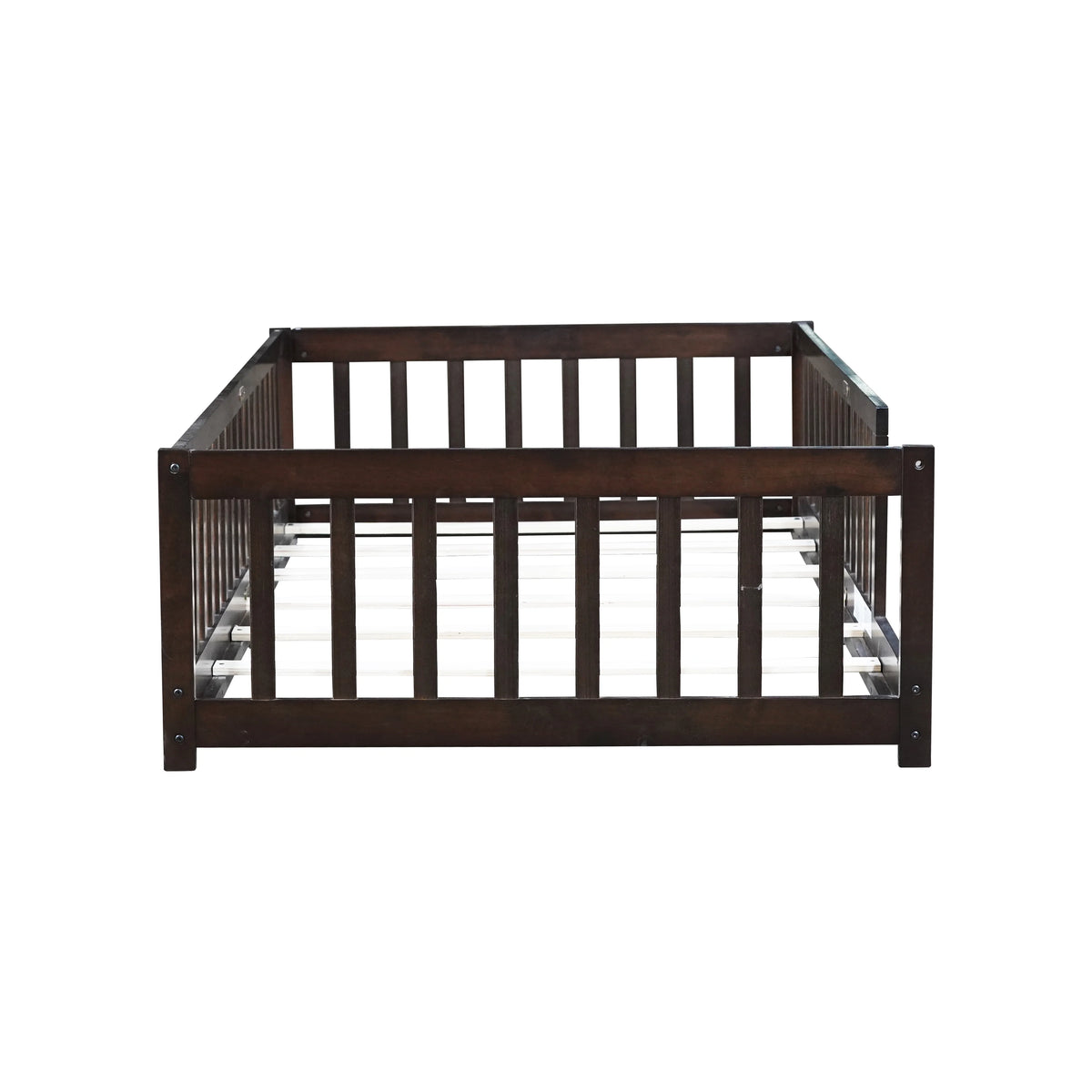 Miniyam Wooden Twin Size Floor Bed with Safety Fence for Kids, Natural