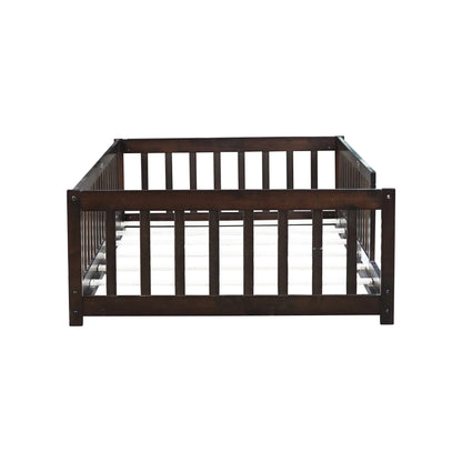 Miniyam Wooden Twin Size Floor Bed with Safety Fence for Kids, Natural