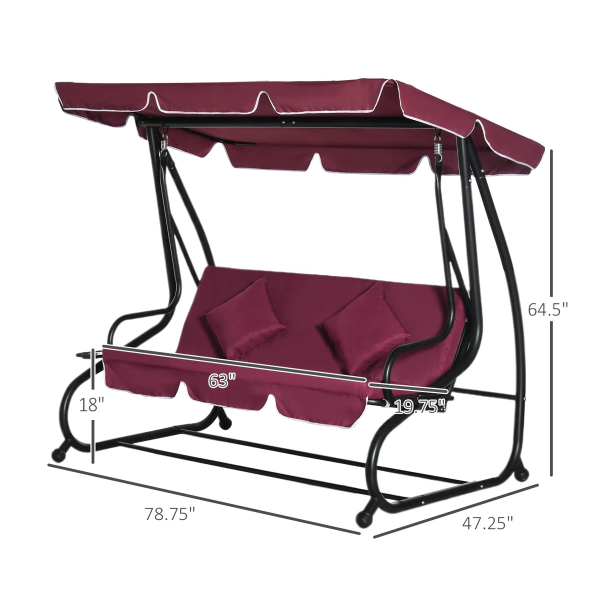 Outsunny 3-Seat Steel Outdoor Canopy Porch Swing with Cushions and Pillows, Light Brown