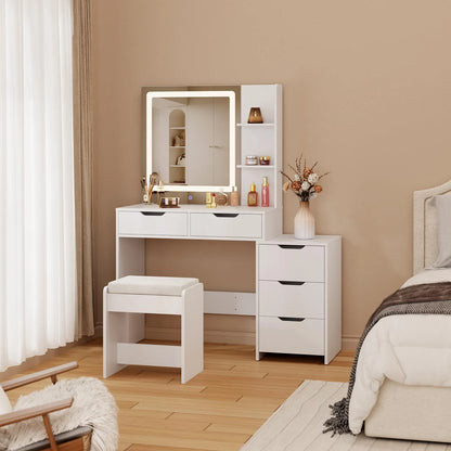 Makeup Vanity Desk with Mirror and Lights, 43.5�� Vanity Table with 5 Drawers & Storage Shelves, White