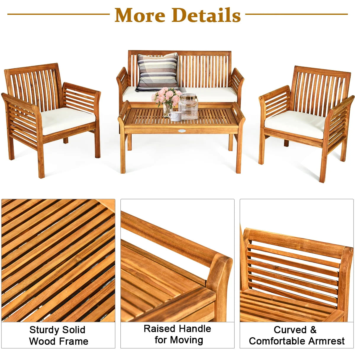 Costway 4 PCS Outdoor Acacia Wood Sofa Furniture Set Cushioned Chair Coffee Table Garden