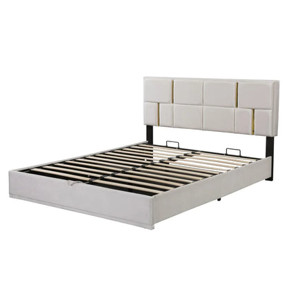 2-Pieces Bedroom Sets, Queen Size Upholstered Platform Bed with Hydraulic Storage System,Storage Ottoman with Metal Legs, 2 Piece Wood Bedroom Furniture Set, Beige
