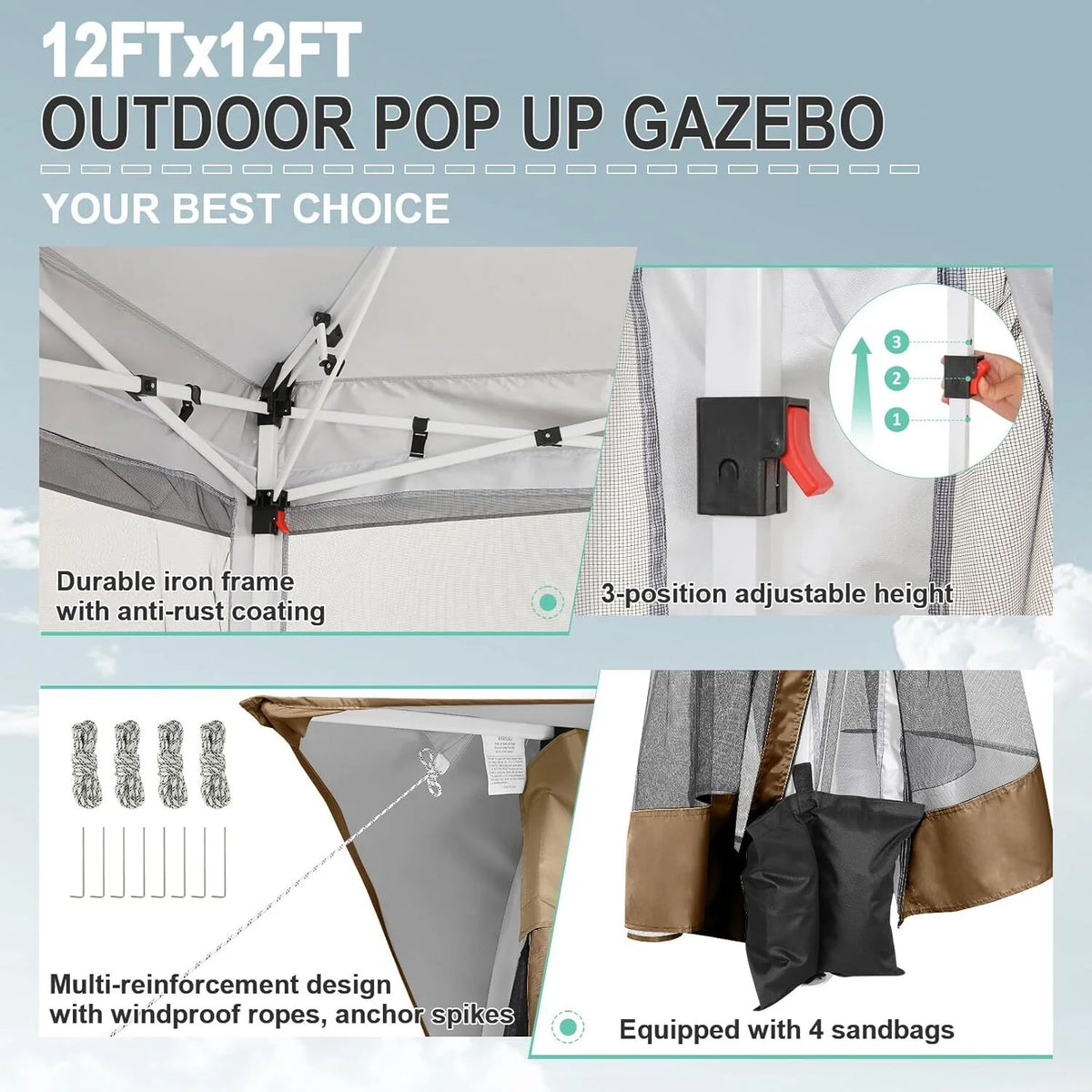 COBIZI 12x12 Outdoor Gazebo Pop Up Gazebo Canopy with Mosquito Netting Patio Tent Backyard Canopy with 2-Tiered Vented Top 3 Adjustable Height, Beige