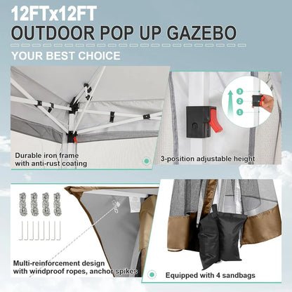 COBIZI 12x12 Outdoor Gazebo Pop Up Gazebo Canopy with Mosquito Netting Patio Tent Backyard Canopy with 2-Tiered Vented Top 3 Adjustable Height, Beige