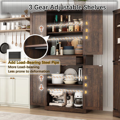 72" Tall Farmhouse Kitchen Pantry Cabinet w/1 Drawer & 4 Roomy Storage Shelves, Versatile Wood Storage Cabinet with 4 Barn Door & Adjustable Shelves &  for Dining Room Bathroom Utility Room