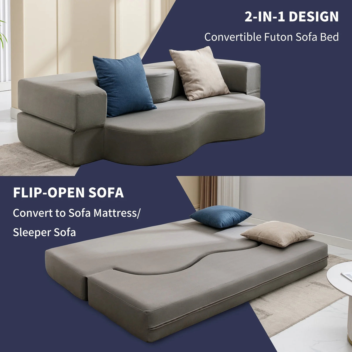 ZAFLY Full Size Convertible Futon Sofa Bed, Floor Sofa Bed Foldable, Foam Folding Mattress Sleeper, Cloth Fabrics Floor Couch Lounge Sleeper Bed for Living Room/Bedroom, Dark Grey