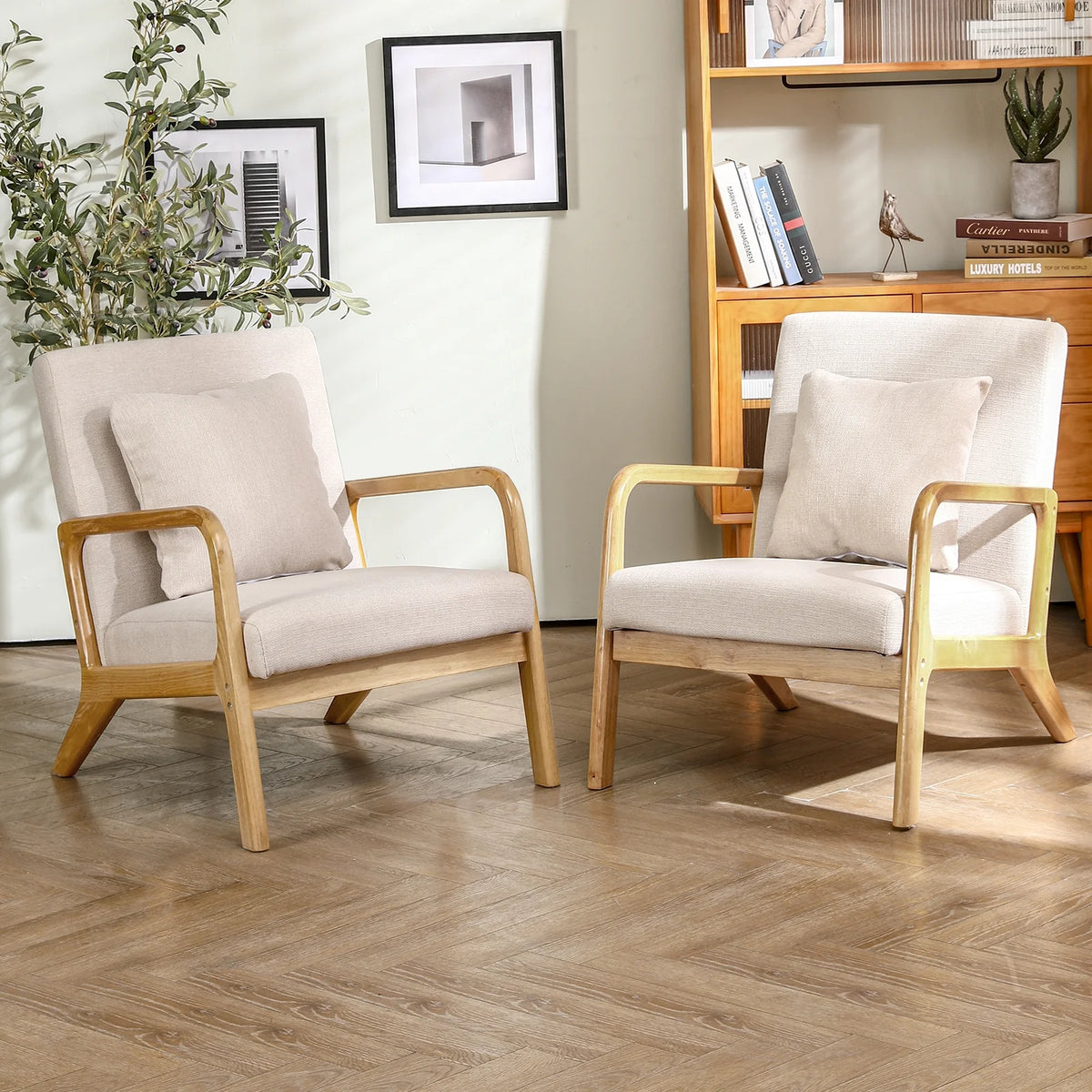 JULY'S SONG Mid Century Modern Accent Chair Set of 2, Linen Upholstered Reading Chairs for Living Room, 25.6" W Fabric Comfy Armchair, Beige