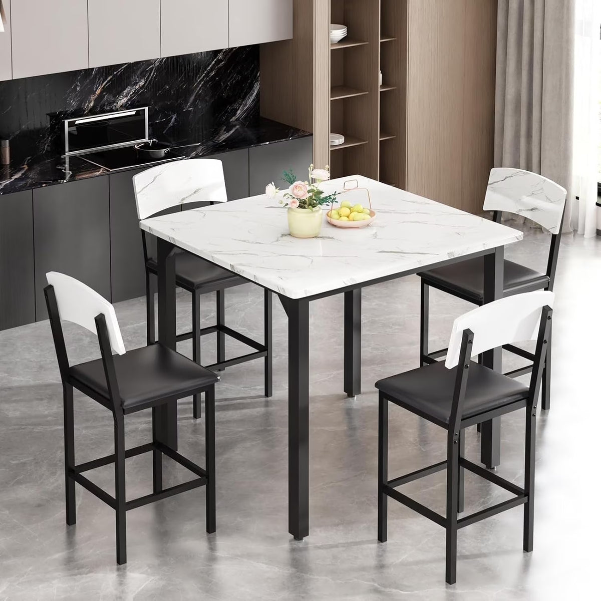 Lamerge 4 Person Dining Table Set, Solid Wood Dining Table with 4 Upholstered Leather Chairs, Modern Kitchen Dining Room Dining Table Set for Small Spaces, Apartments, Kitchens, Dining Rooms. White