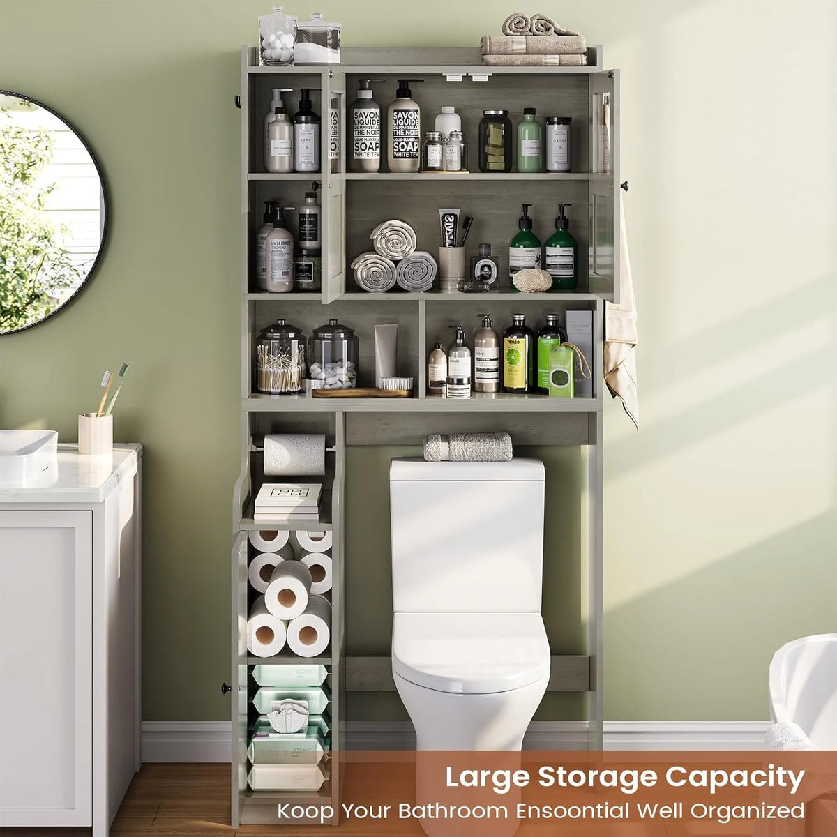 Over The Toilet Storage Cabinet with 3 Doors, Farmhouse Space Saver for Bathroom Organizer with Paper Holder, 10 Shelves and Hooks, 7-Tier Over Washing Machine Cabinet for Laundry, Bathroom, Natural