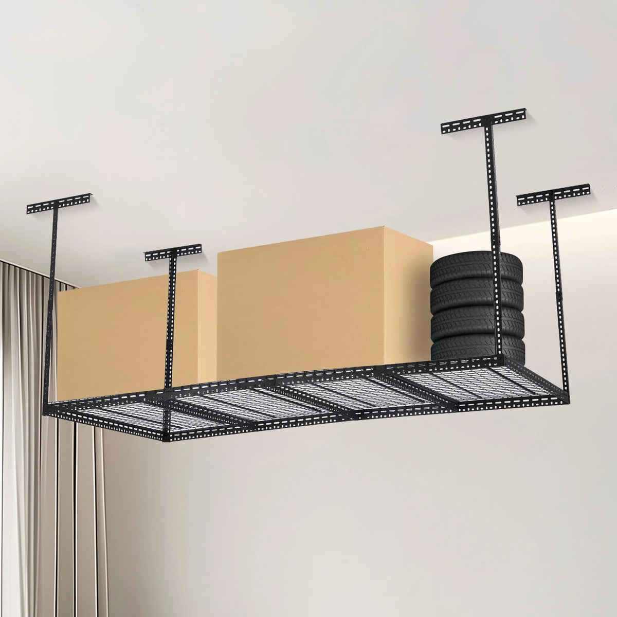 Overhead Garage Storage Rack - Heavy Duty 300kg Capacity, Adjustable 56-100cm Height, 180x120cm Black Steel Shelving with Hooks for Garage Organization