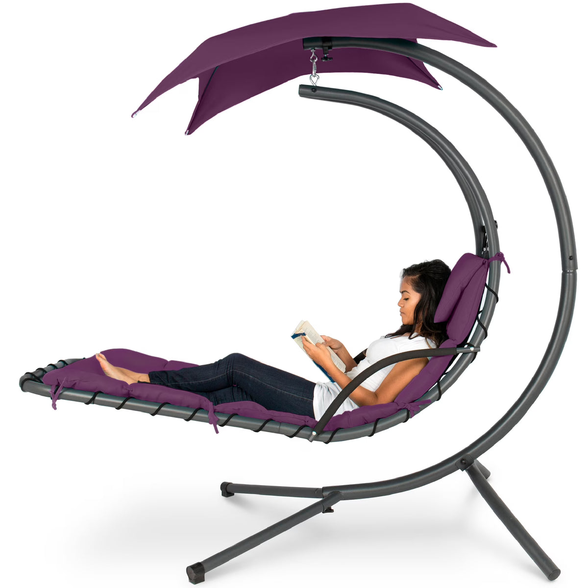 Best Choice Products Hanging Curved Chaise Lounge Chair Swing for Backyard, Patio w/ Pillow, Shade, Stand - Teal