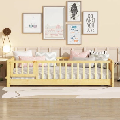 Bellemave Twin Size Floor Bed with Fence, Montessori Floor Twin Bed with Built-in Book Rack, Solid Wood Twin Bed with Slats and Safety Guardrails, Natural