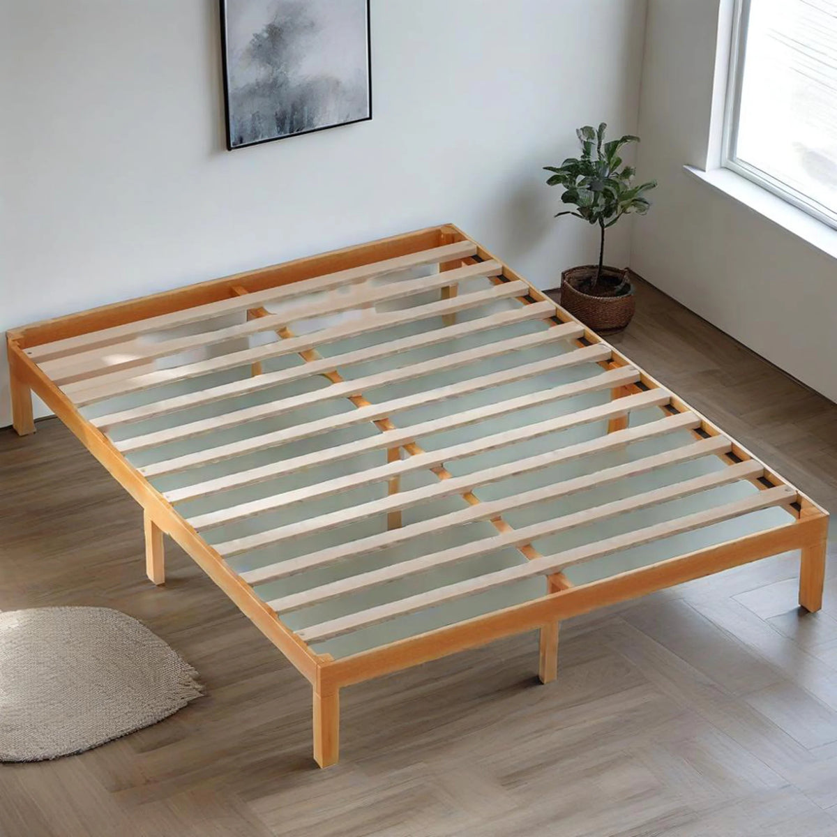 MCQ Full Size Wood Bed Frame, 12in Wooden Platform Bed Frame with Support Slats, No Spring Needed, Storage Space Under Base, Natural Pine