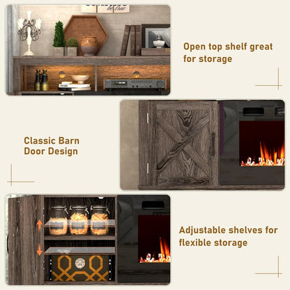 ChVans 70" Fireplace TV Stand for TVs up to 80" with 36" Electric Fireplace, Farmhouse Entertainment Center with LED, Wooden Media Console for Living Room, Bedroom