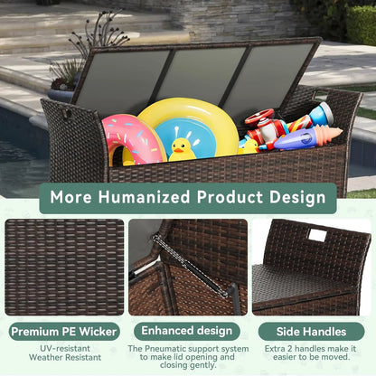 SOLAURA 90 Gallon Patio Wicker Storage Bench w/Cushion, Outdoor Rattan Deck Storage Box w/Handles & Hydraulics, Gray