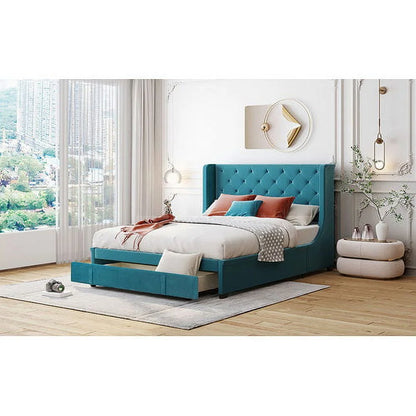 Queen Bed Frame with Storage Drawer, Velvet Upholstered Storage Bed, Wood Platform Bed Frame with Wingback Headboard and a Big Drawer(Beige)