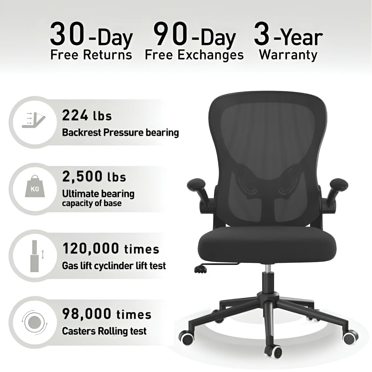Hbada Office Chair, Ergonomic Desk Chair, Computer Mesh Chair with Lumbar Support and Flip-up Arms, Gray