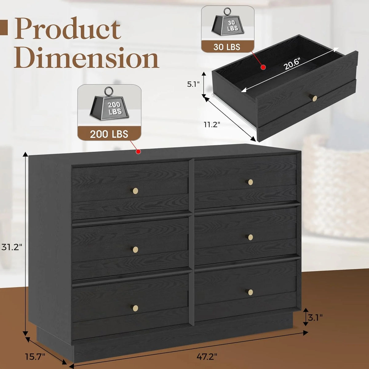 Heynemo Beige 6 Drawer Dresser, Fluted Modern Wood Chest