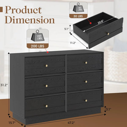 Heynemo Beige 6 Drawer Dresser, Fluted Modern Wood Chest