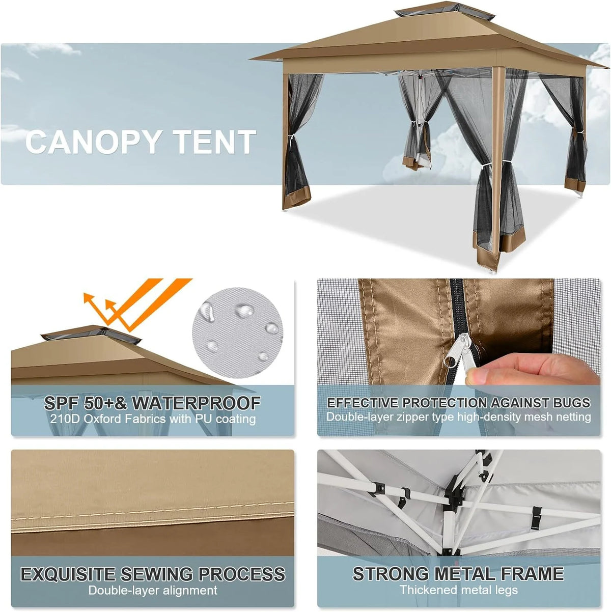 COBIZI 12x12 Outdoor Gazebo Pop Up Gazebo Canopy with Mosquito Netting Patio Tent Backyard Canopy with 2-Tiered Vented Top 3 Adjustable Height, Beige