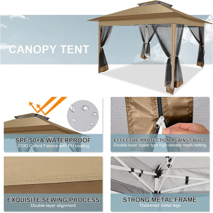 COBIZI 12x12 Outdoor Gazebo Pop Up Gazebo Canopy with Mosquito Netting Patio Tent Backyard Canopy with 2-Tiered Vented Top 3 Adjustable Height, Beige