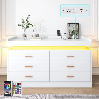 ANPOO 9 Drawer Dresser with LED Lights and Charging Station, Modern Double Wide Chest of Drawers with Power Outlet for Bedroom, Living Room