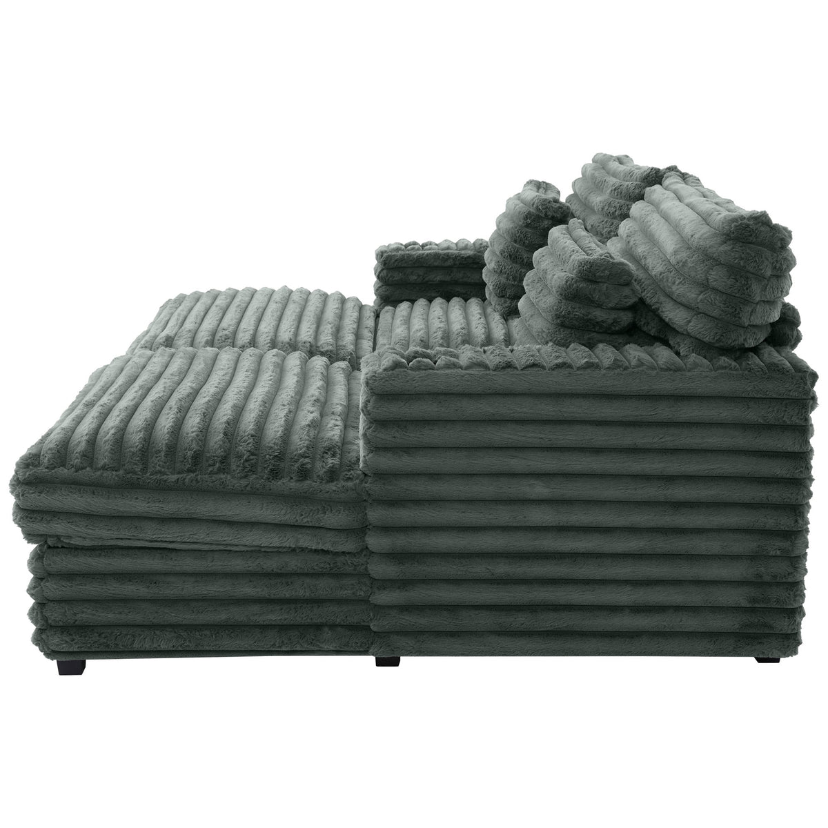 Oversized Double Chaise Lounge, Faux Fur Upholstered Deep Seat Sofa with 2 Pillows, 2 Cupholders, and Dual USB Ports