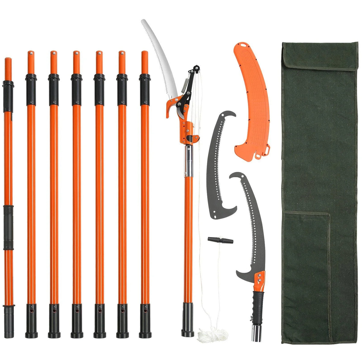 Extendable Manual Pole Saw 7.3-27 ft, Tree Pruner with Sharp Steel Blade and Scissors, Lightweight Fiberglass Pole for Trimming High Branches on Palms and Shrubs