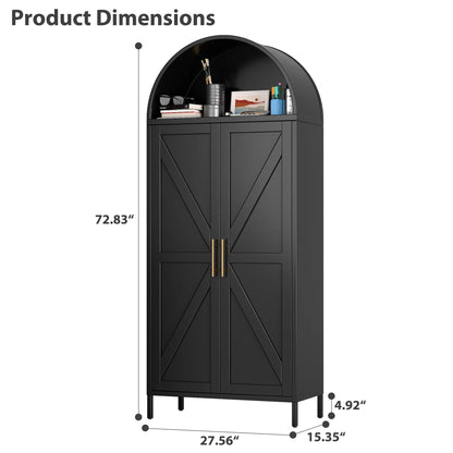 SUPEER Metal Arched Storage Display Cabinet with Glass Doors and Adjustable Shelves, Lockable Cabinet, Assembly Required, Black