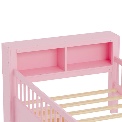 Euroco Wood Twin Size Platform Bed with Storage Headboard and Drawers, Low Profile Bed with Guardrails for Kids and Toddlers, White