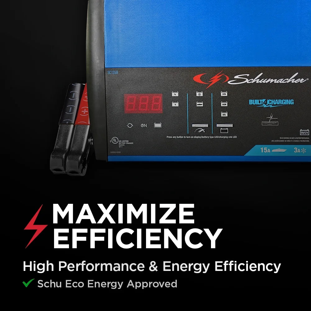Schumacher Electric 15A Car Battery Charger and Maintainer, Battery Tester, 6V/12V Sport, Auto, and Marine Batteries, SC1359