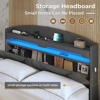 King Size Bed Frame with Storage Headboard and LED Lights,Upholstered Platform Bed with USB Port Charging,Headboard with Shelves Hidden Storage,Noise-Free,Dark Grey