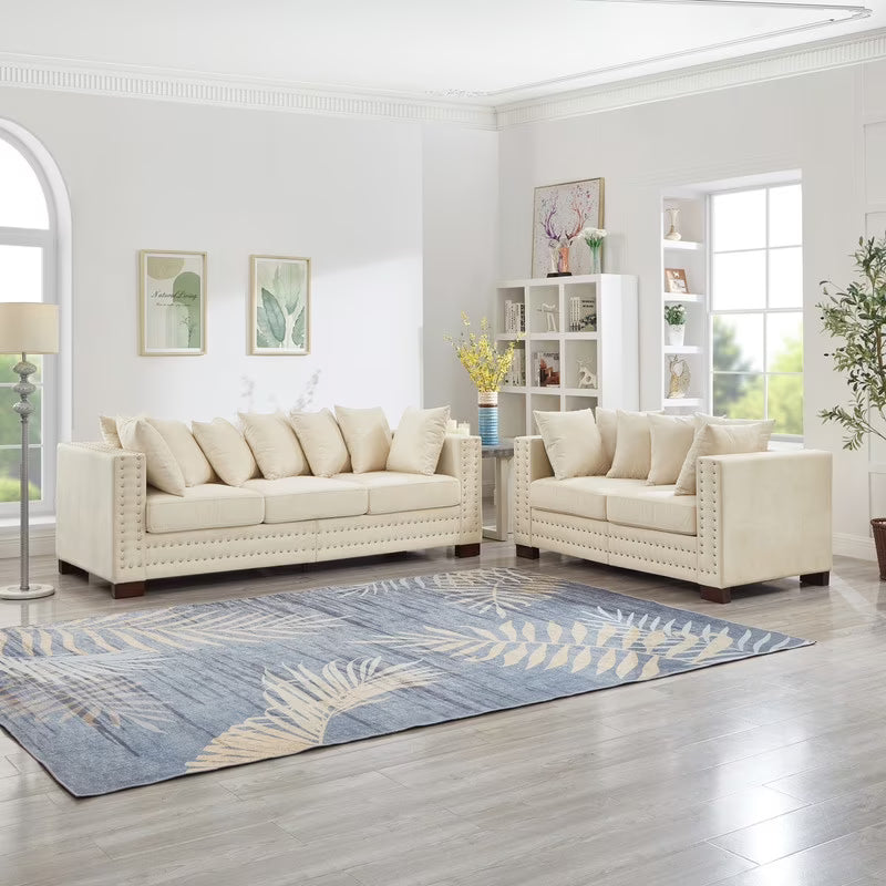 Modern Velvet Sofa Set 2+3 Seater Sofa Loveseat Couch with Silver Nail Trim, Square Armrests and Hidden Storage, Luxury Living Room Couch with Pocket Spring Cushions