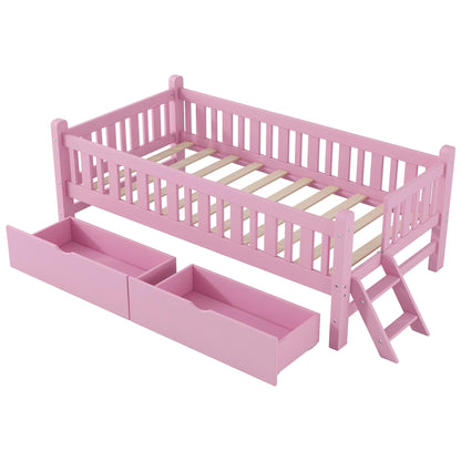 Euroco Wood Twin Size Platform Bed with 2 Drawers and Ladder for Kids and Toddlers, White