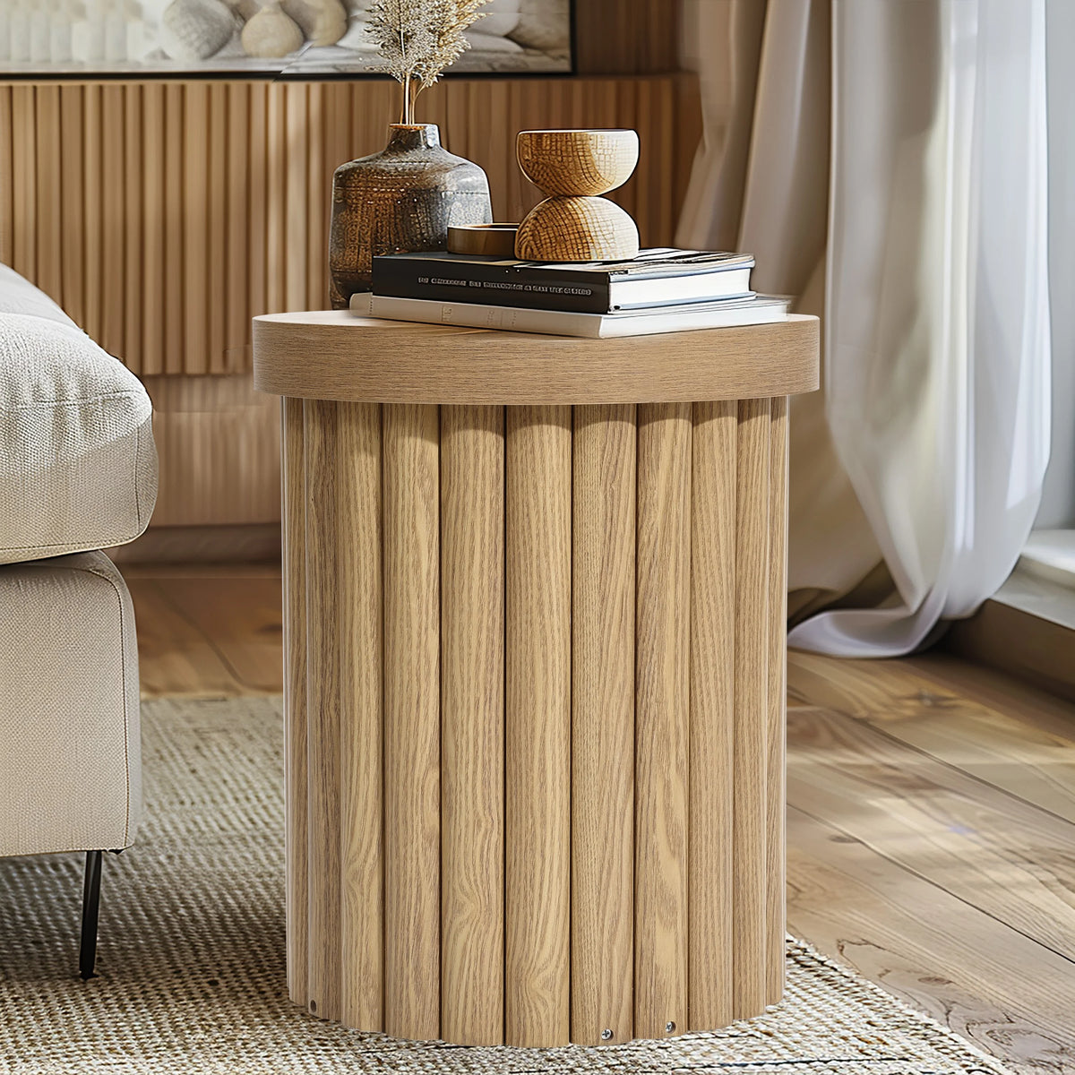 LuxenHome Wood Round Side Table, 19" Fluted End Table for Small Spaces, Mid Century Modern Wooden Accent Tables, Small Bedside Table, Couch Side Table, Nightstand for Living Room Bedroom Couch