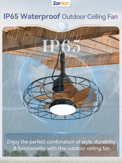 Zardon 20" Outdoor Ceiling Fan with Light and Remote, 7 Blades Caged Waterproof Gazebo Fan for Patio, Porch, Pergola Canopy, App Control