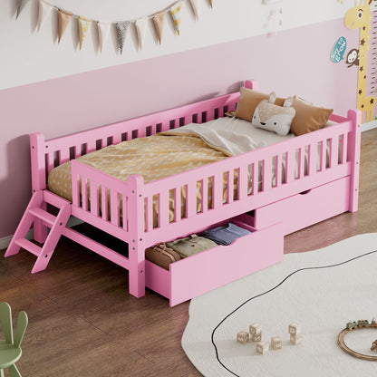 Euroco Wood Twin Size Platform Bed with 2 Drawers and Ladder for Kids and Toddlers, White