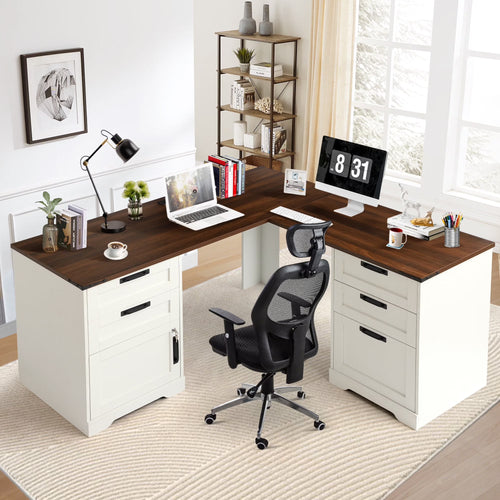 Haverchair 60" Executive L Shaped Desk with Drawers, Farmhouse Home Office Desk with Charging Station, Wood Corner Computer Desk with File Cabinet, Writing Computer Desk for Work and Study