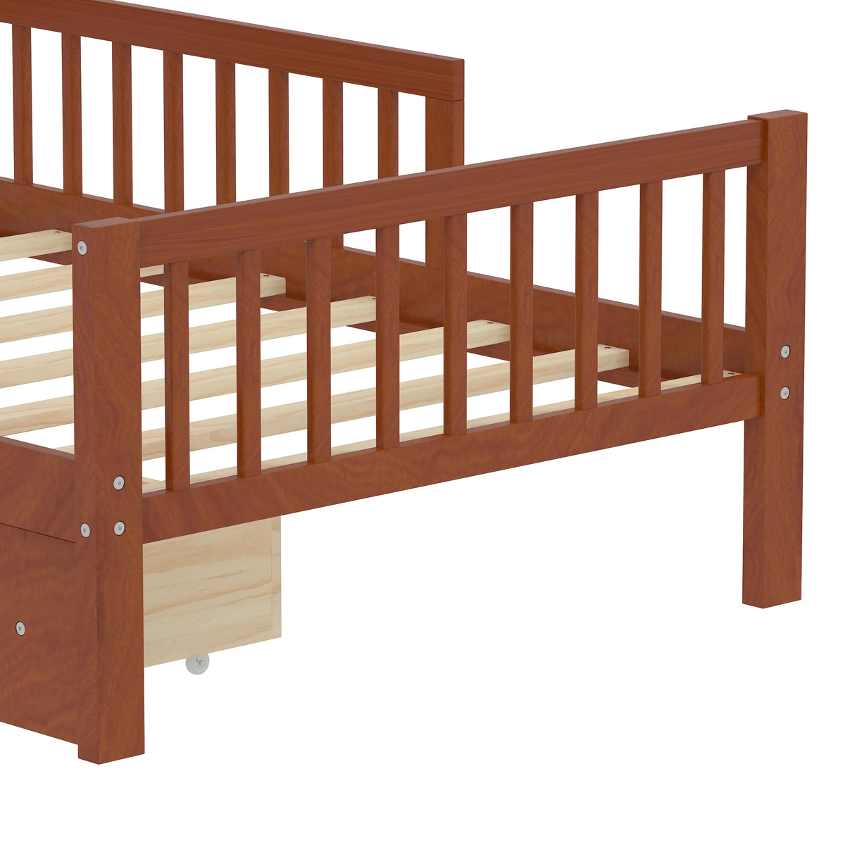 Euroco Wood Twin Size Platform Bed with Storage Headboard and Drawers, Low Profile Bed with Guardrails for Kids and Toddlers, White