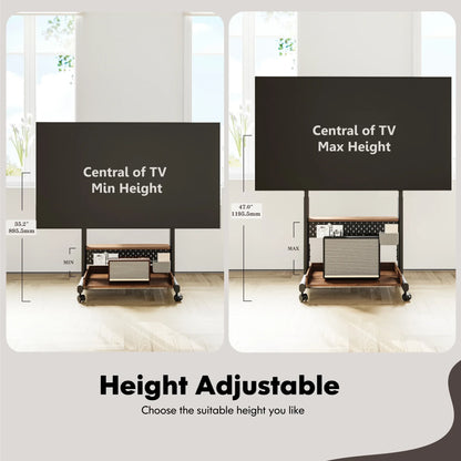 FITUEYES Rolling TV Stand with Wheels for 40-85 inch TVs, Height Adjustable Mobile TV Stand TV cart with Wooden Large Storage,White