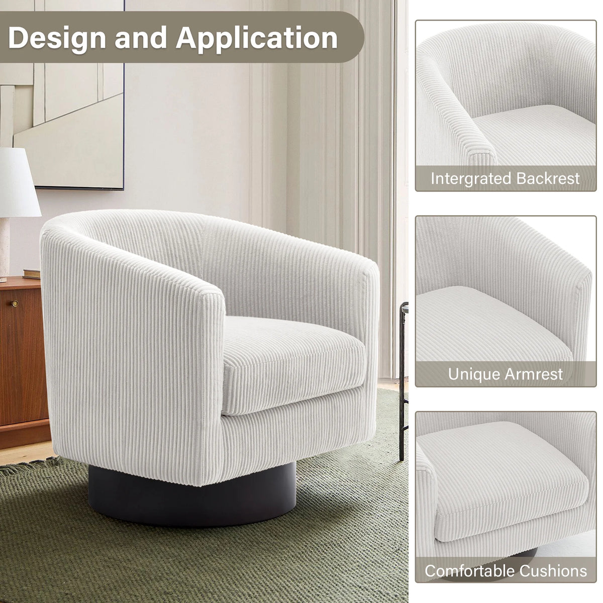 DREAMSIDEA Swivel Barrel Accent Chair for Living Room, Modern Upholstered Round Club Armchair-Cream
