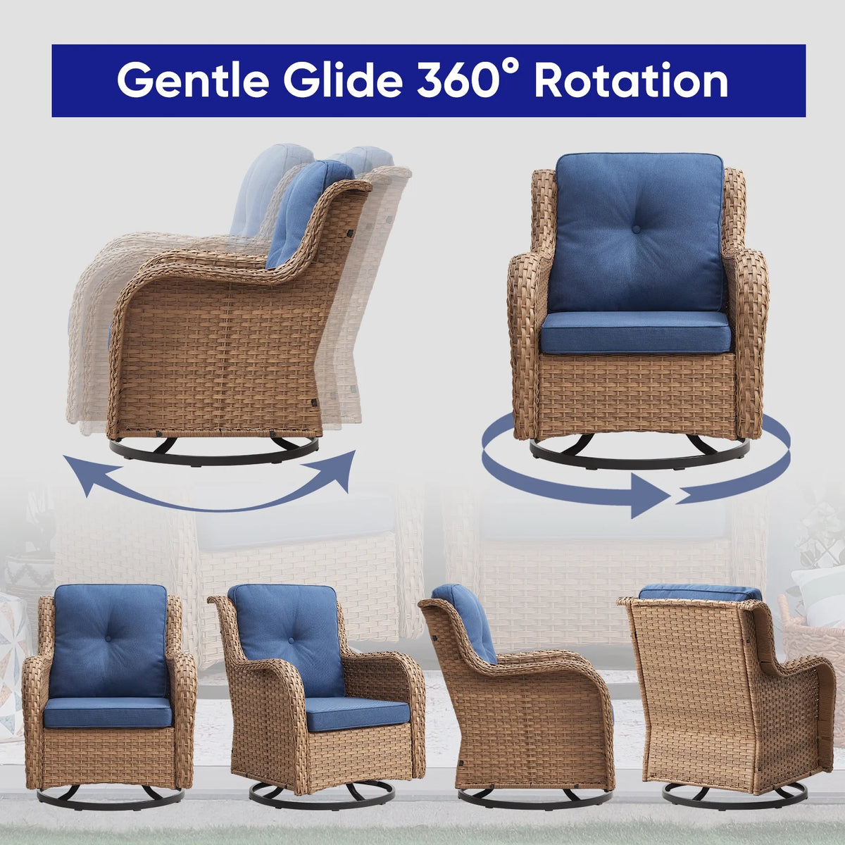 POCASSY 3 Piece Patio Set Outdoor Wicker Glider Rocking and Swivel Chairs with Cushions